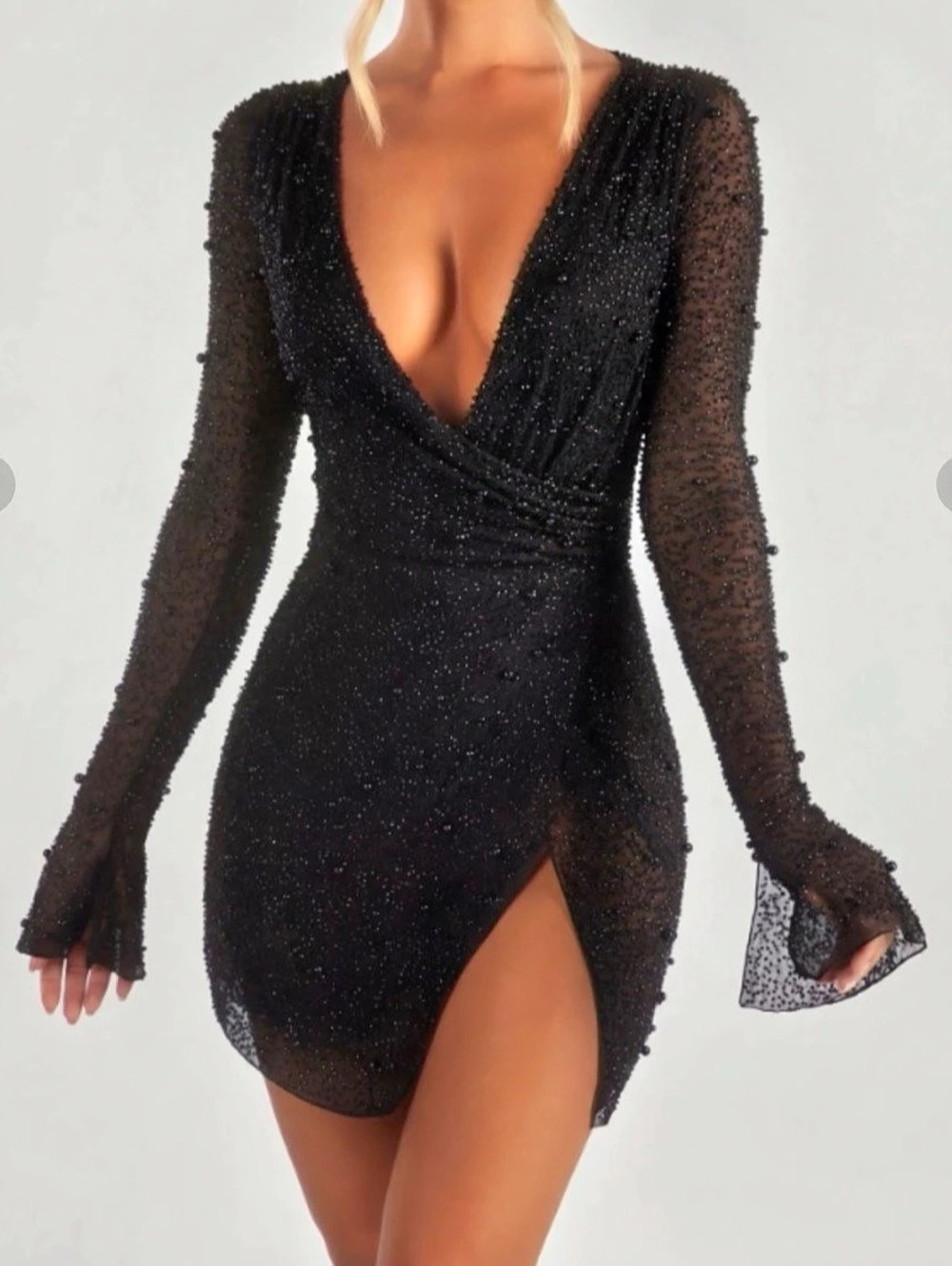 Oh POLLY Chelsea Beaded Wrap Mini Dress in Black NWT